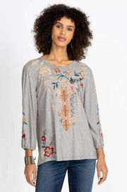 Johnny Was Ellia Gray Puff Sleeve Embroidered Floral Bird Blouse Size Large