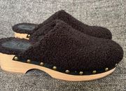 J. Crew Curly Faux Shearling Clogs Black Mules Wood Sole BD337 Women’s Size 8