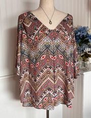 Lattice V Neck Red White Black Aztec Print Tunic