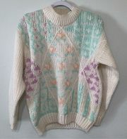 Vintage 1980s Pastel Kawaii Floral Print Knit Sweater Size L