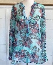 KUT from the Kloth aqua blue sheer floral blouse w/ Swiss dot texture sz S