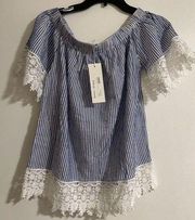 NWT Bishop & Young Small Blue and White Striped Off the Shoulder Top