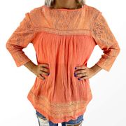 LOVEMARKS Lace and Embroidered 3/4 Sleeve Top