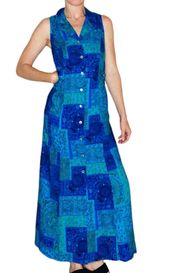 Vintage  Blue & Green Abstract Mandala Patchwork Printed Maxi Tank Dress