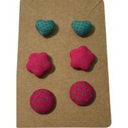 Stud Button Statement Earrings Set Fabric Polka Dot Hearts Stars Pink Teal Blue