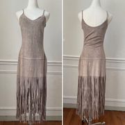 Design Lab Beige Moleskin Sueded Fabric Spaghetti Strap Fringe Slip Dress XS