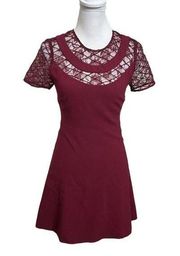 Sandro Paris Burgundy Red Mesh Detail Mini Dress A Line Fit Flare Size 1 US XS