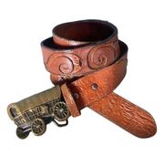 Vintage 1980s Rare Tony Lama Western Brass Covered Wagon Leather Belt