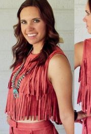 faux suede fringe western boho short sleeveless top Size Large