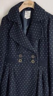 Anthropologie Tulle Wool Blend Black and White Polka Dot Pea Coat size XS