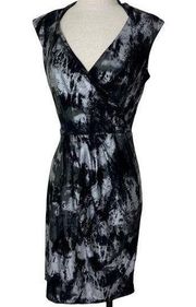 Ellen Tracy midi dress black silver graphic sleeveless surplice size 8