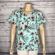 Van Heusen Size XXL Blue - Floral Print Split V-Neck Mixed Media Blouse Top