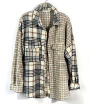 Cream & Brown Plaid Plush Button Down Shacket Jacket Relaxed Fit Large L