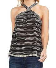 Vince Camuto Black Aztec Print Tropic Heat Halter Fringe Tank Top