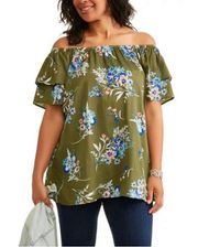 On or off shoulder army green floral print tunic top size 3X