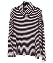 French Connection Women's Large Stripe Turtleneck Drop Shoulder Sweater Wine NEW