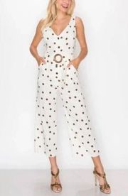 Monteau Ivory Brown Polka Dot Linen Blend Wide Leg Belted Jumpsuit Crop Large