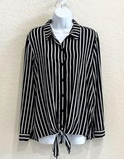 Susan Graver Tie Front Button Up Career Blouse Black White Stripes Women’s 10