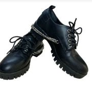 Black Buckle & Chain Lace-Up Oxford Dress Shoes with Chain Detail, Goth Emo