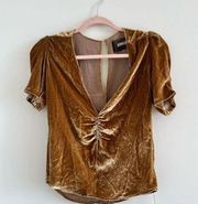 Reformation Fiona gold velvet silk blend V-neck short sleeve top size S NWT