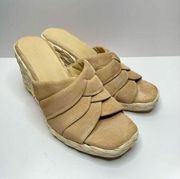 Vince Wedge Sandal Womens Size 8 Tan Suede Leather Braided Straps Peep Toe