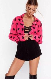Chiffon Heart Print Button Down Shirt US 2 Women’s Pink Black