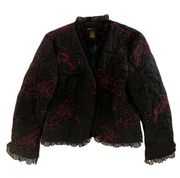 Womens Grace Elements Black Quilted Red Floral Embroidered Jacket Ruffle Trim 8