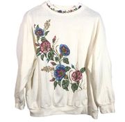 Retro White Sweatshirt Morning Glories Blair Vintage Graphic Print Floral Large
