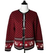 Woolrich Floral Print Wool Cardigan Sweater Red Black Japan Knit Women's Size M