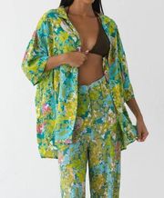 Le Salty Label Green Jean Tropical Floral Print Open Sleeve Kimono Wrap Cover Up