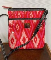 Maude Asbury Crossbody Purse Bag Laminated Fabric Ikat Print Red Pink Black