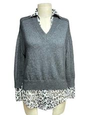 Brochu Walker Layered Wool Cashmere Sweater Dark Charccoal Leopard Print Size XS