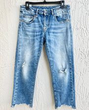 R13 Boy Straight Mid-Rise Distressed Stretch Crop Jeans Carlton Women's Size 29