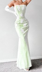 Vintage Green White Floral Beaded Embroidered Mesh Strapless Cocktail Formal Prom Dress Size S