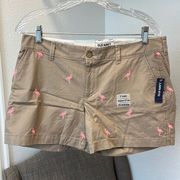 Old Navy  khaki chino shorts with neon pink flamingos
