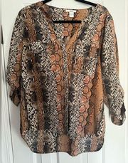 BAR III brown black SNAKE PRINT BLOUSE Shirt button top SIZE large