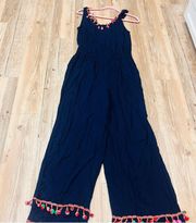 navy blue crown and ivy jumpsuit with pom poms size small