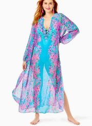 Frey Long Sleeved Maxi Coverup in Multi ‘Seaweed Samba’ Engineered Print NWT