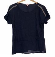 JUICY COUTURE Solid Navy Blue Mixed Media Material Semi Sheer Druzy Blouse Top