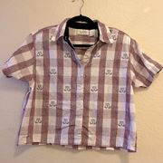 Cat Vtg lovers feline plaid 90s cropped button up retro grandpa animal hipster