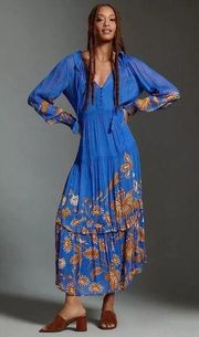 Anthropologie Marais Printed Chiffon Maxi Dress Size Medium Blue