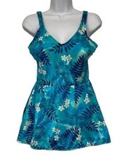 Women's Vintage Maxine of Hollywood Tropical Teal Swimdress Swimsuit Size 16 EUC