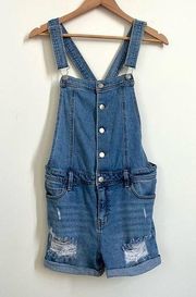 Tinseltown Junior’s 90s Distressed Button-Front Short Overalls Medium Wash XL