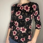 Essential Black Rose Floral Print 3/4 Sleeve Crew Neck Cotton Blend Sweater Top