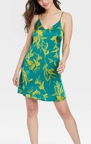 Women Satin Floral Print Sleepwear Night Dress, Teal/Lime Large