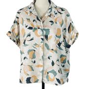 Rachel Zoe Large Button-Up Boxy Top Floral Dolman Sleeve Hi-Low 100% Linen Multi
