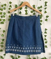 Vintage High Waisted Floral Embroidered Denim Skort 