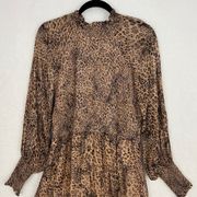 ML Monique Lhuillier Smocked Leopard Print Dress with Bishop Sleeve Size 8