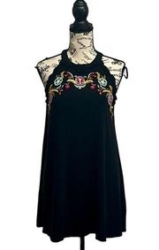 Eye Shadow Womens Black Embroidered Mini Sheath Aline Boho Peasent Dress L