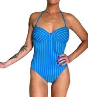 Misty Blue Striped One Piece Removable Strap Retro Pinup Swim Suit